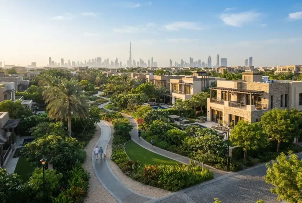 Green landscaped residential community representing Green Valley real estate in the UAE