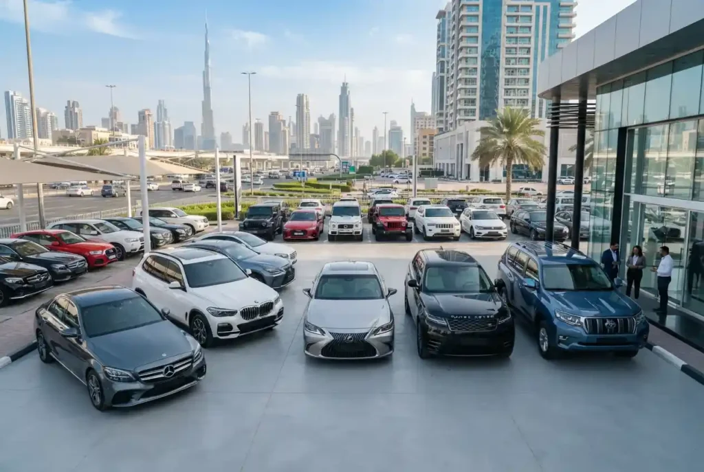 Used cars displayed at a UAE automotive dealership