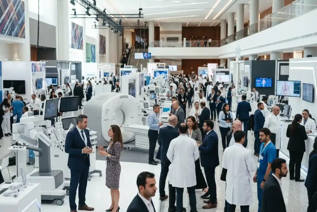 Healthcare professionals attending a modern healthcare exhibition in the UAE