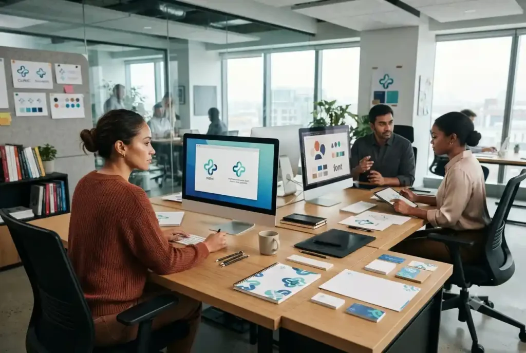 Designers creating a professional healthcare logo for a modern medical organization