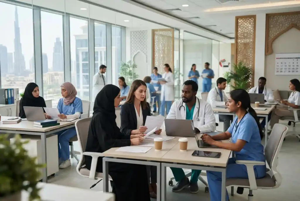 Healthcare recruiters interviewing medical professionals in a modern UAE healthcare facility