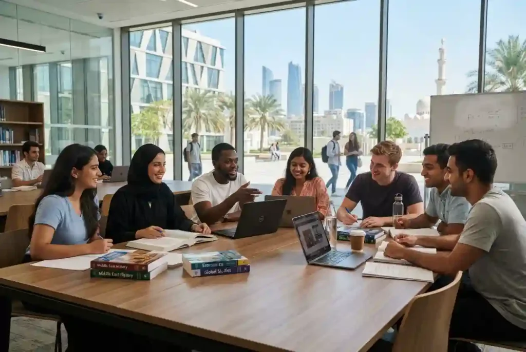 International students studying together at a modern UAE university campus