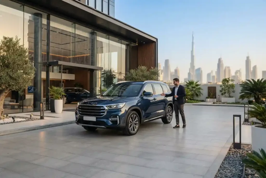 Jetour SUV outside a modern Dubai showroom
