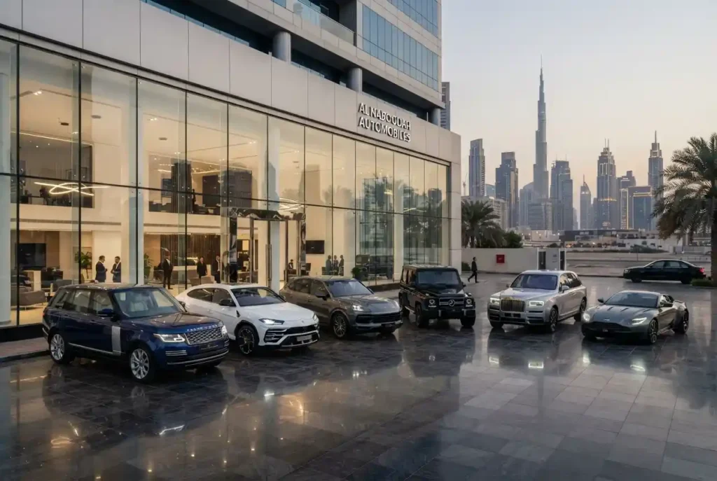 Premium cars displayed at an automobile showroom in Dubai