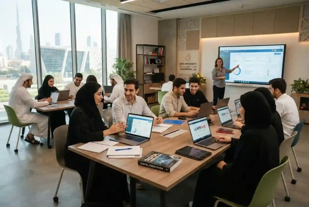 Students using a learning management system on laptops in a UAE classroom