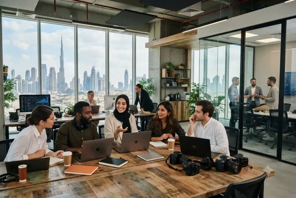 International professionals working together in a modern office in the UAE
