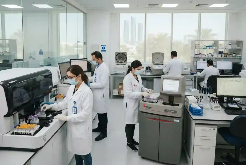 Medical laboratory professionals performing healthcare diagnostics in Abu Dhabi
