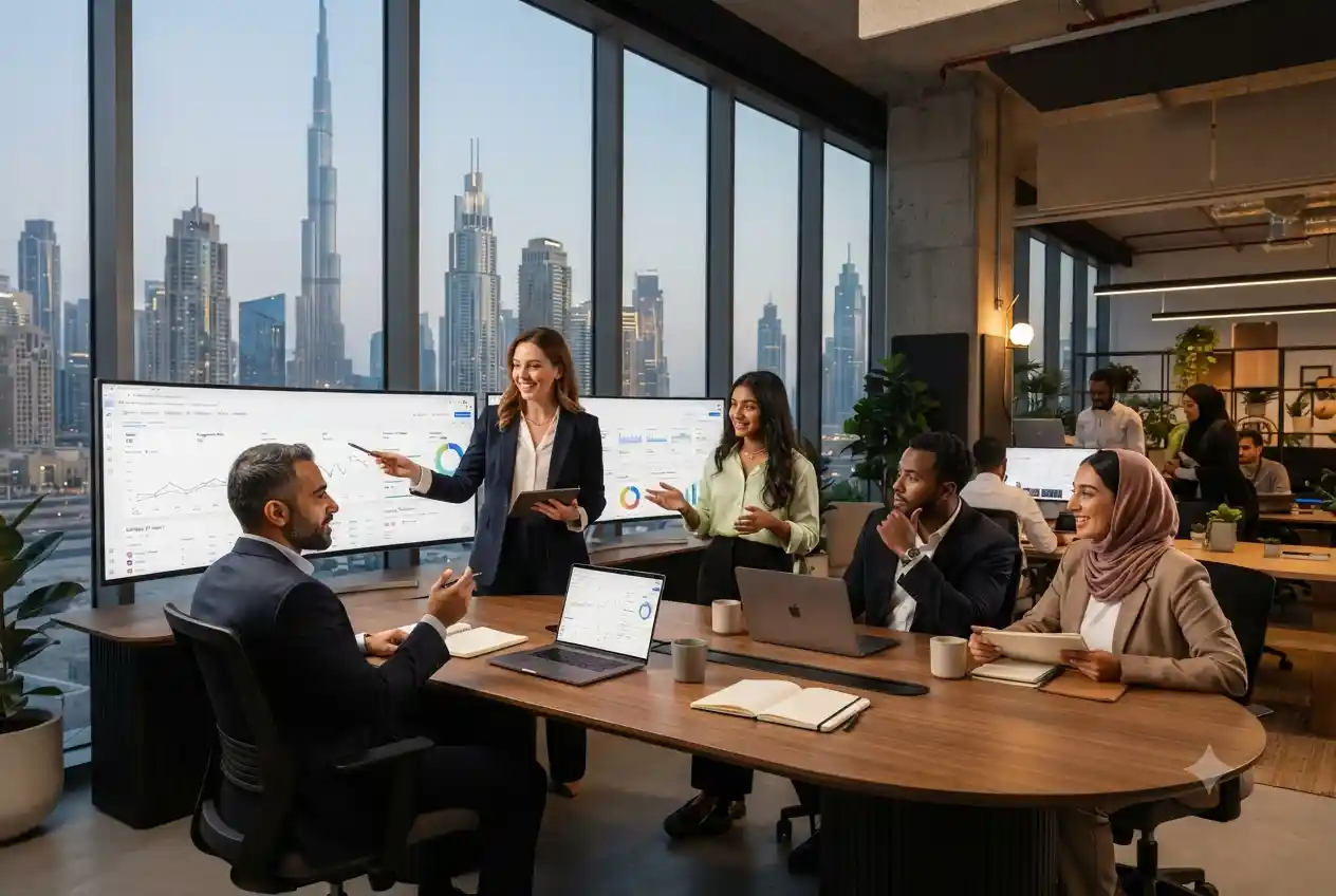 Social media marketing team working in a modern Dubai office