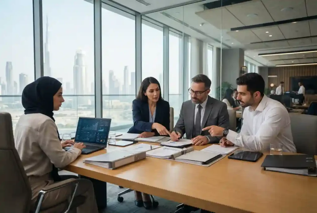 Professional auditors reviewing financial records in a Dubai corporate office