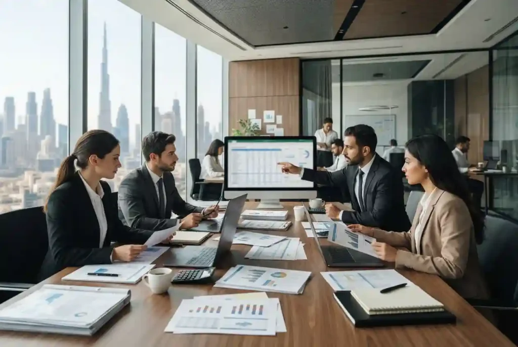Professional business accounting services team reviewing financial records in a Dubai office