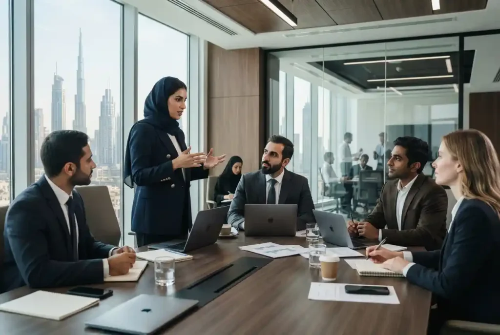 Business professionals developing communication skills during a meeting in Dubai