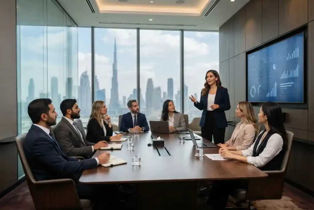 Professional delivering a business presentation to executives in Dubai