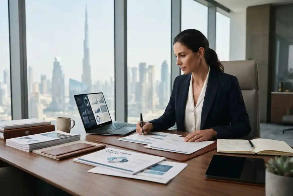 Business professional preparing a report and proposal in a Dubai office