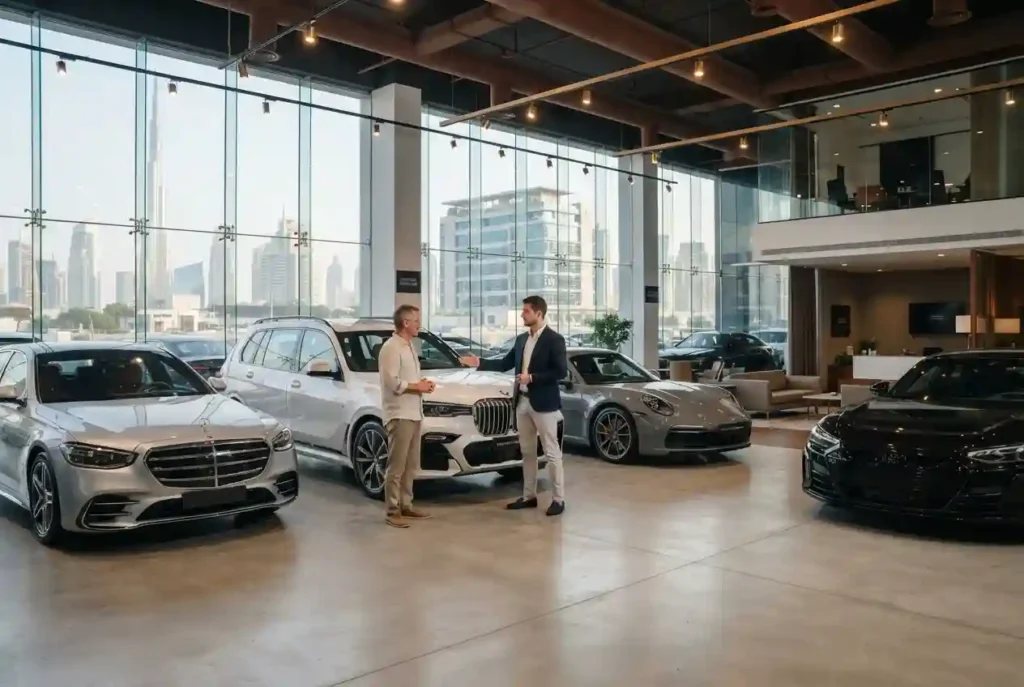 Customer comparing vehicles at a UAE car trade company showroom