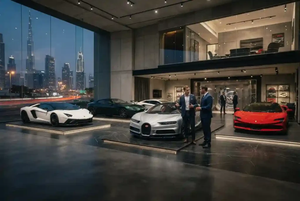 Luxury and exotic cars displayed at a VIP dealership in Dubai