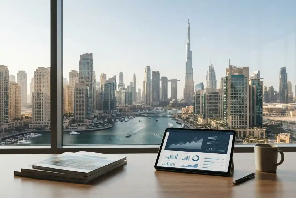 Dubai real estate news showing modern property developments and city skyline