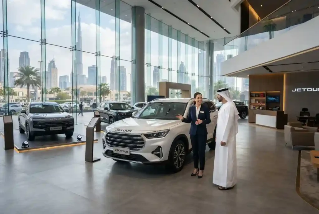 Jetour and Chinese cars displayed at a Dubai showroom