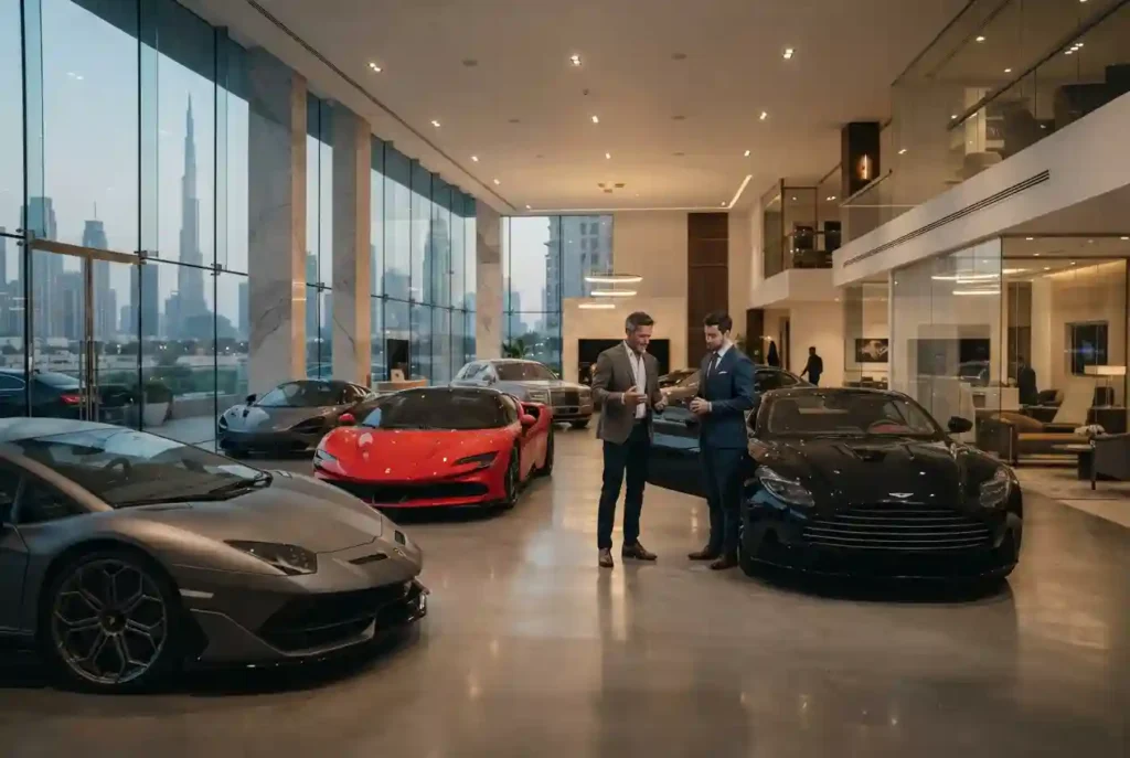 Luxury cars displayed inside a premium UAE showroom