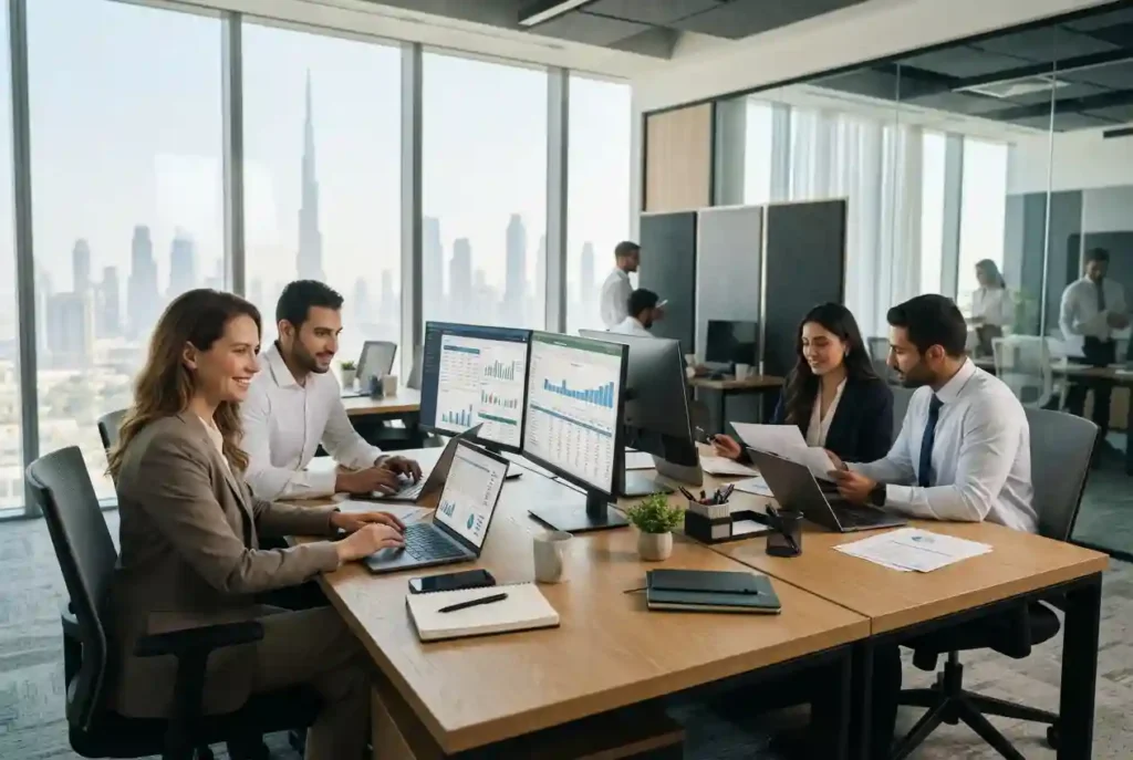 Professional payroll team managing employee salary records in a Dubai office