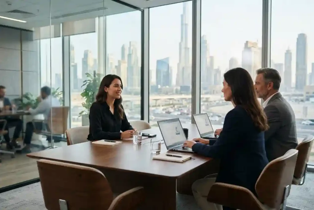 Recruitment professionals interviewing candidates in a Dubai corporate office