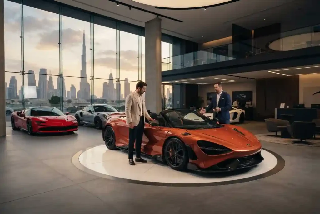Exotic supercars displayed at a Dubai luxury car showroom
