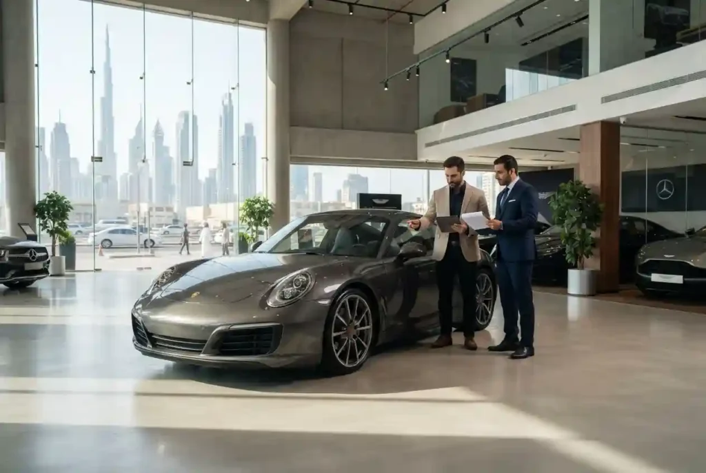 Used car warranty inspection at a UAE automotive showroom